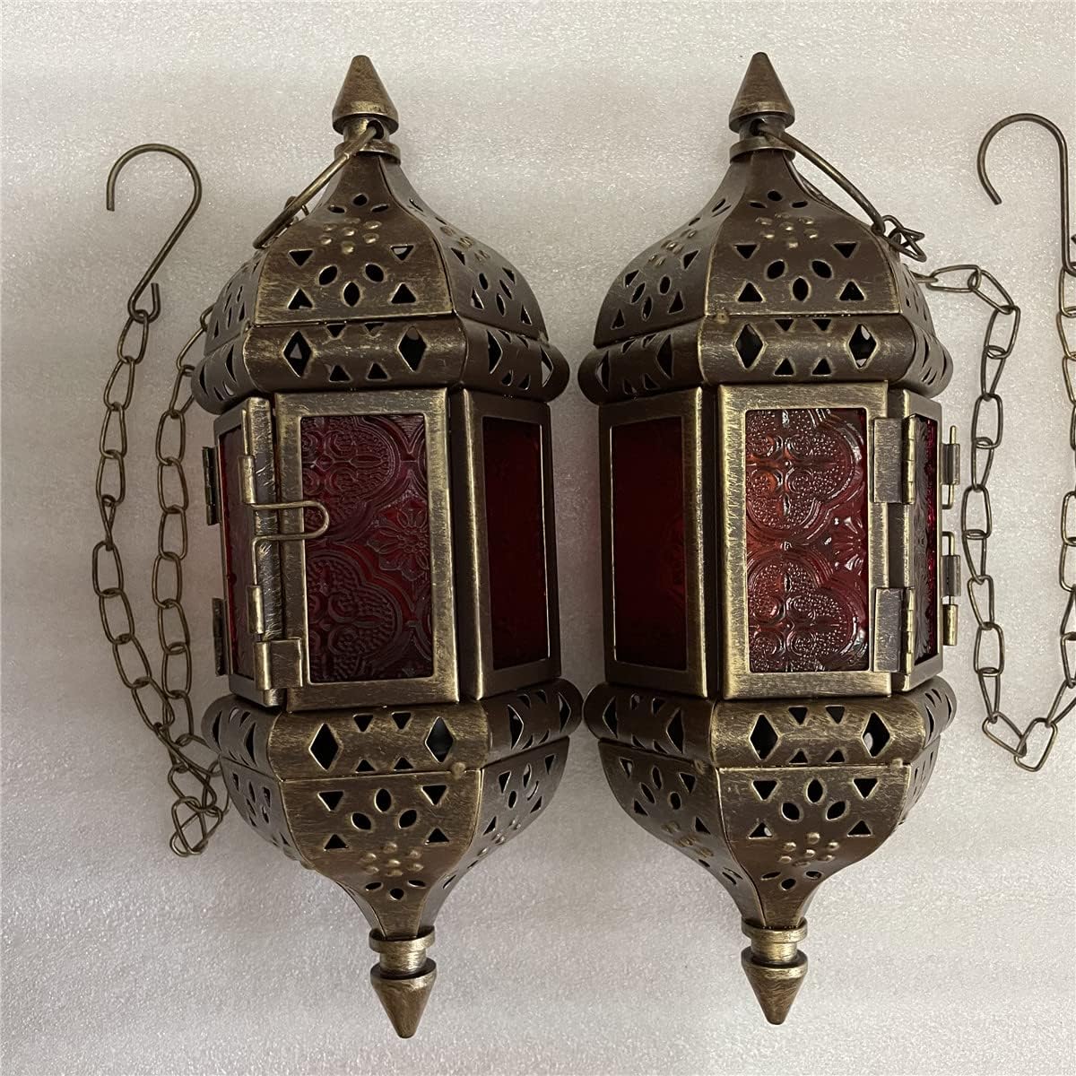 Skiennix Moroccan Candle Lantern Set - Metal Hanging Tealight Holders with Glass | 13.8-Inch Vintage Bronze Gold