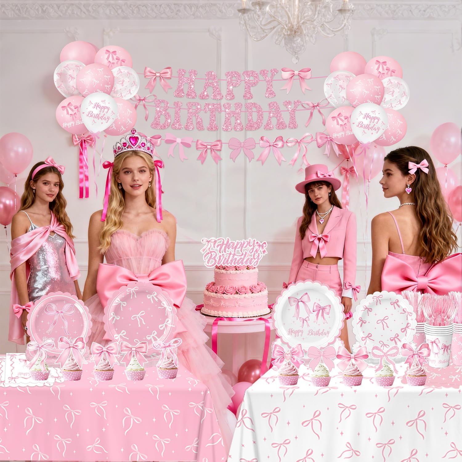 Pink Bow Birthday Decorations - Complete Party Set with Plates, Napkins, Balloons & More for 20 Guests