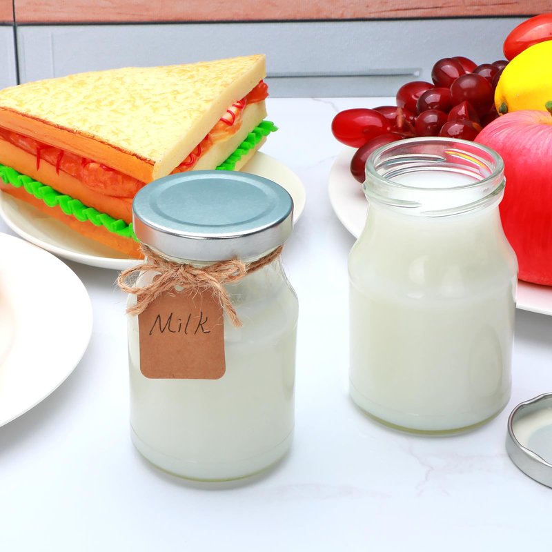 Woaiwo-q 16Pack 6oz Glass Milk Bottles, Glass Jars, Canning Jelly Jars with Silver Lids, Glass Yogert Jars, Clear Glass Milk Jars Ideal for Jam, Honey, Wedding Favors, Shower Favors