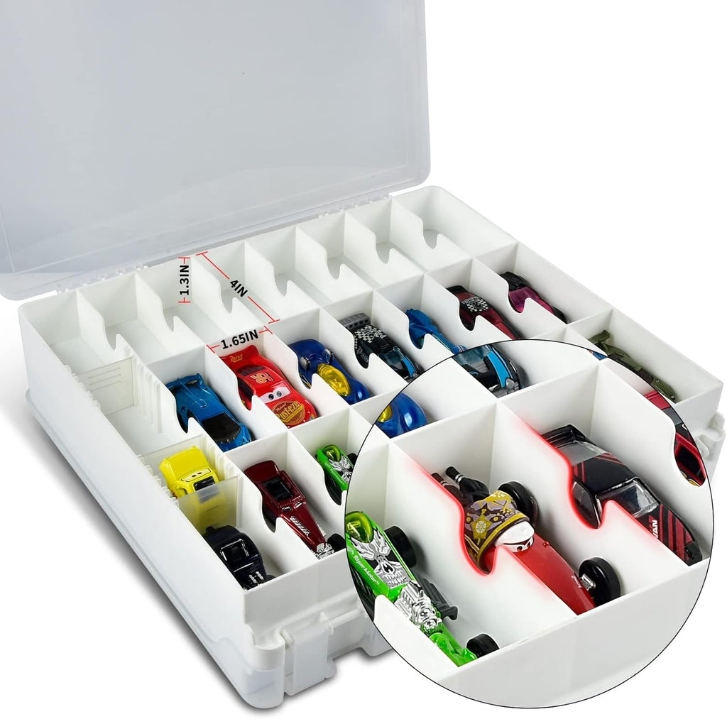 Toy Car Storage Organizer Case - Hot Wheels & Matchbox Compatible | 48 Compartment Double-Sided Holder - White