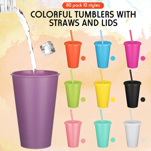 Remerry 80 Pcs Plastic Cups with Lids and Straws Reusable Tumblers Holiday Drink Coffee Cups with Lids for Birthday Christmas Party Favors Gifts, 16 oz(Multicolor)