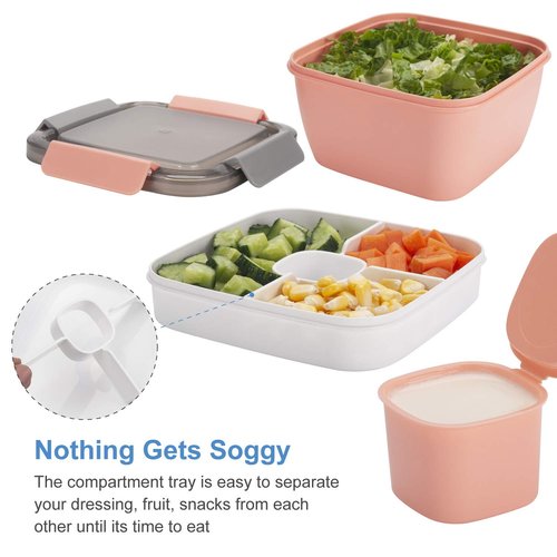 Freshmage Salad Lunch Containers To Go, 2 Pack 52-oz Bowls with 3 Compartments, Dressing Containers for Toppings, Snacks - Pink & Green