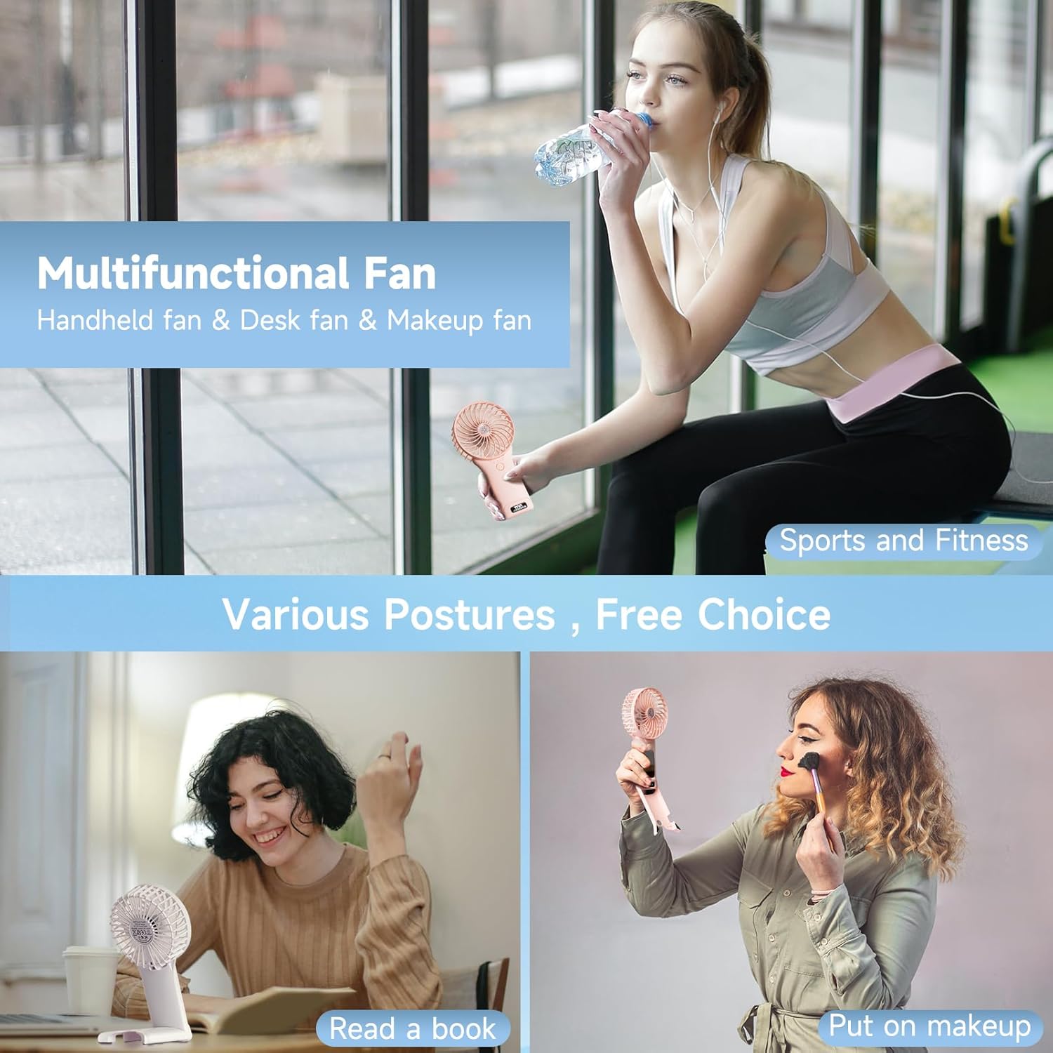 QQT Mini Handheld Fan - 4-Speed Portable USB Rechargeable Fan with Mirror | 20-Hour Battery Life (Pink)