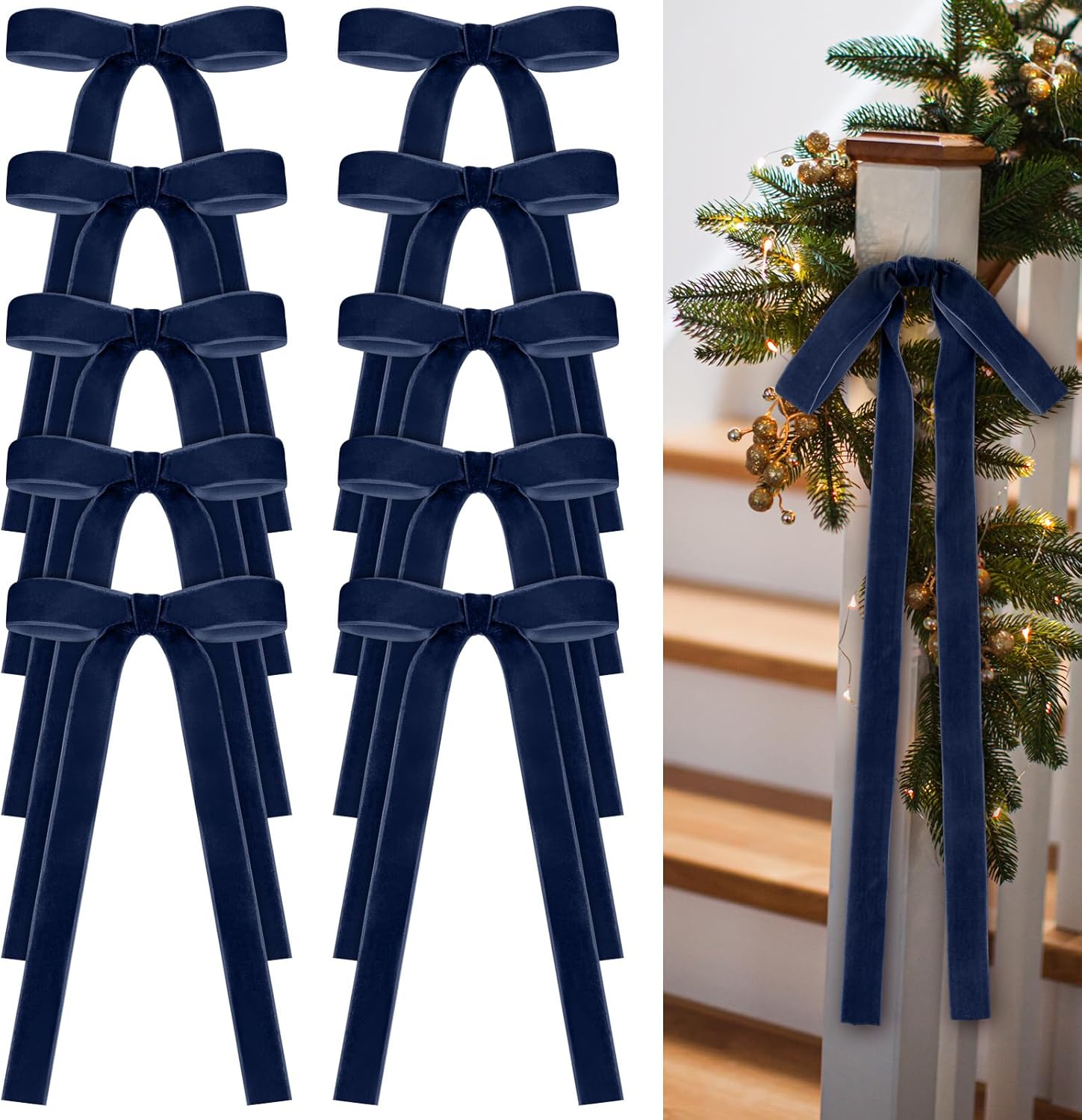 Skiennix 24 Pcs Velvet Bows - Vintage Ribbon Bows for Christmas Tree & Crafts | Navy Blue, 9 x 13 Inch
