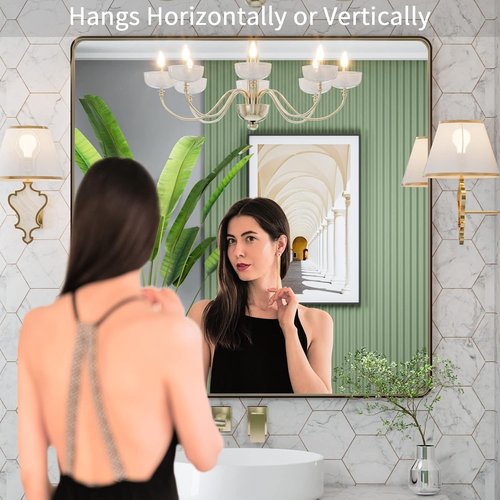 LOAAO Bronze Bathroom Mirror - 36”x36” Rounded Rectangle with Anti-Rust Frame | Versatile Hanging Options