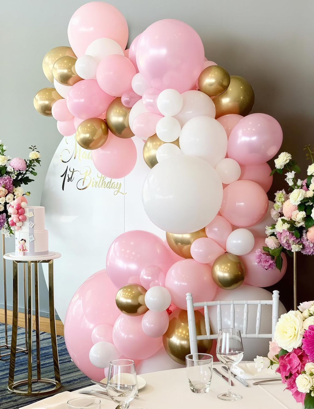 Skiennix Pink and Gold Balloons Set - 12 Inch Light Pink & White with Shiny Metallic Gold Glitter Confetti for Birthday & Baby Shower Decorations