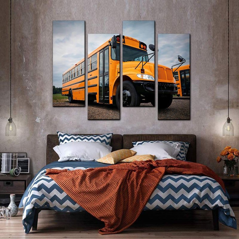 4 Panel Yellow School Bus School buss and Pictures Canvas Wall Art Ocean Oil Painting Animal Prints City Poster Flower Pictures Home Wall Decoration for Artwork