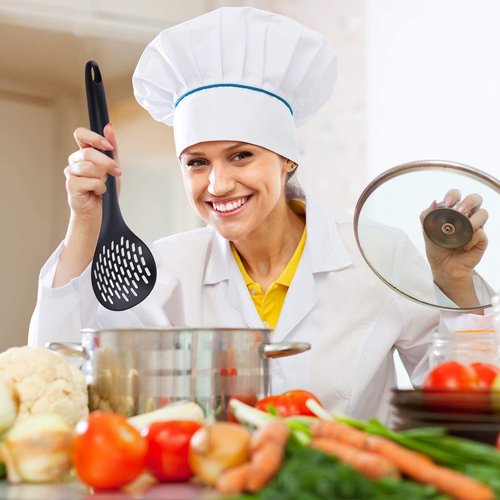 TENTA Kitchen 2pcs Pasta Spoon Kitchen Spoons Spider Strainer Metal Strainer Wok Utensils Spider Skimmer Stainless Steel & Nylon Slottes Spoon, Spatula For Nonstick Pot and Stainless Steel/Iron Wok