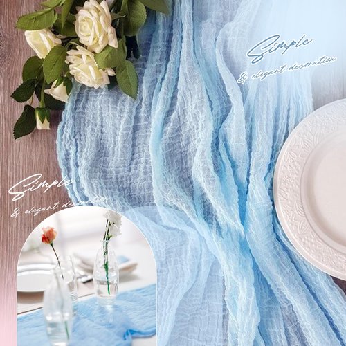 Aktor 4 Pack Light Blue Table Runner Boho Cheesecloth Table Runner Semi Sheer Gauze Fabric Runners for Wedding Birthday Baby Shower Party Boho Table Decoration（Light Blue）