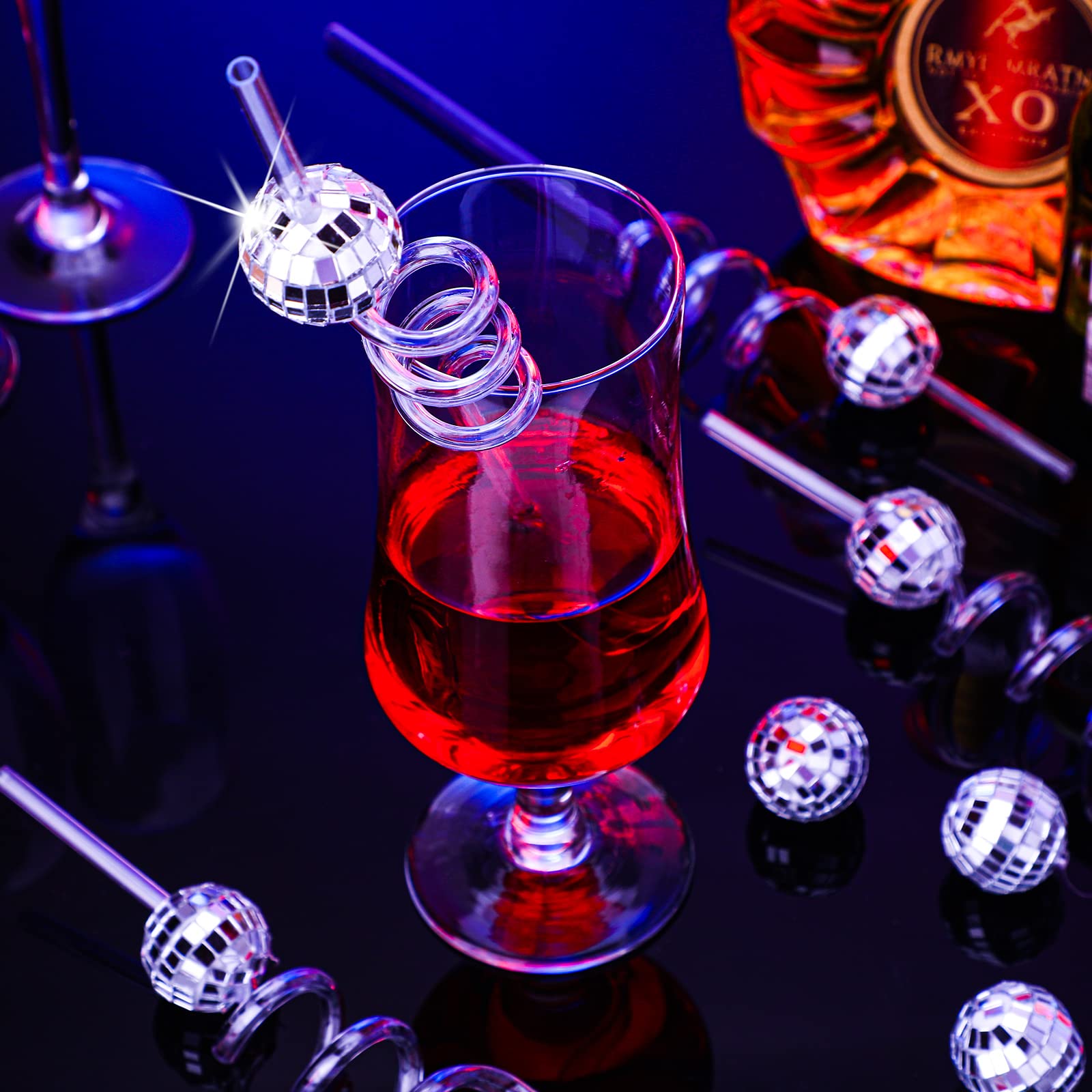 Chengu 24 Sets Disco Party Decorations, 70s Disco Ball Straw, Glitter Mirror Ball and Silver Plastic Straws for 1970s Retro Theme Bachelorette Party Decorations Birthday Supplies