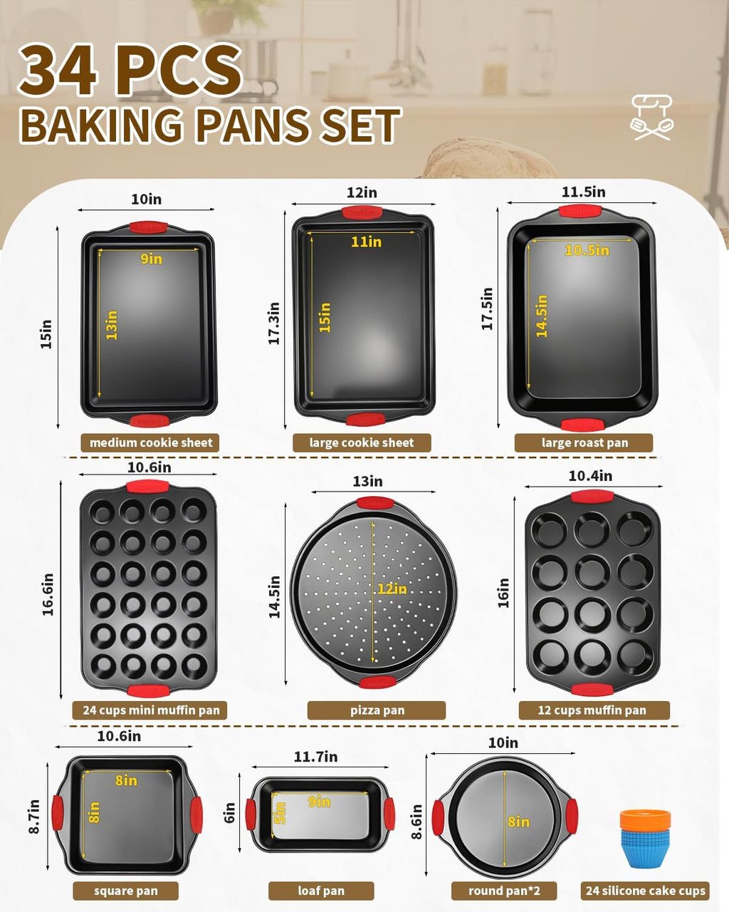 Skiennix 34-Piece Nonstick Baking Pans Set - Silicone Handles, Versatile Bakeware for Every Occasion