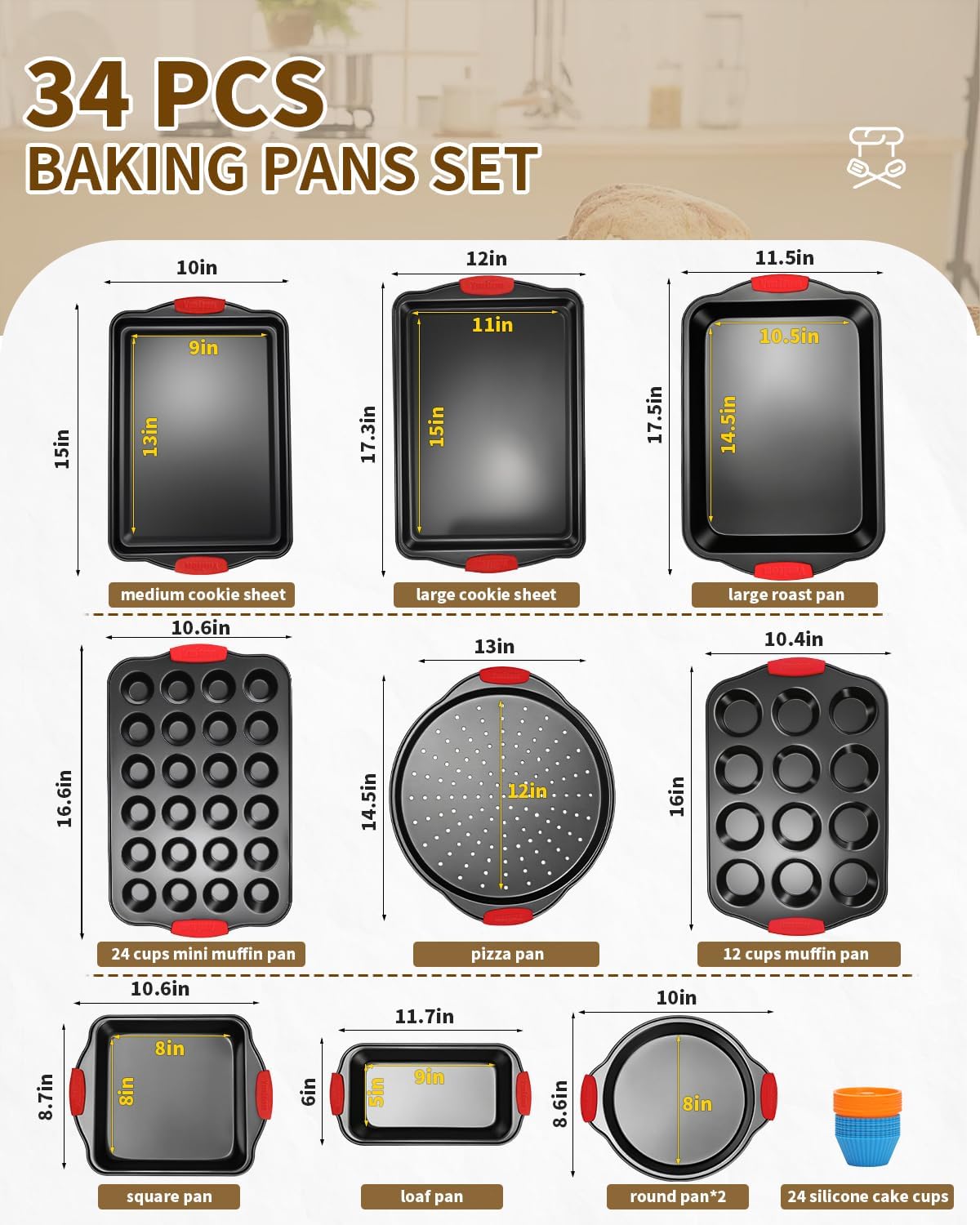 Skiennix 34-Piece Nonstick Baking Pans Set - Silicone Handles, Versatile Bakeware for Every Occasion