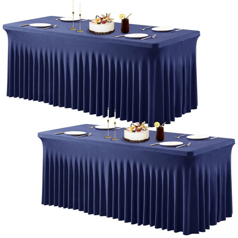PARTISKY 2 Pack Navy Blue Table Cover for Rectangle Tables 8ft,One-Piece Spandex Elastic Table Cloth with Skirt for Wedding Folding Table Banquet Baby Shower & Birthday Parties