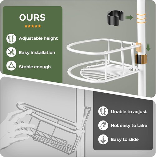 HAMITOR Corner Shower Caddy Tension Pole - Rustproof Bathroom Organizer for Shampoo & Accessories | 47-121 Inch - White
