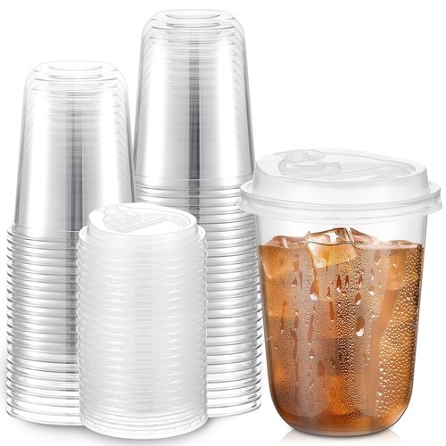 Baderke 25 Sets 16 oz Clear Plastic Cups with Lids,Sturdy Iced Coffee Cups with lids, Disposable Plastic Smoothie Cup for Cold Drinks