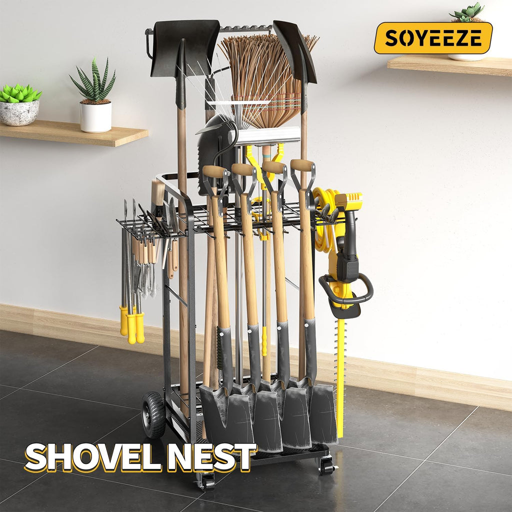 SOYEEZE Garden Tool Organizer - Heavy Duty 3-Tier Yard Tower Rack with Large Wheels | Holds 35 Tools