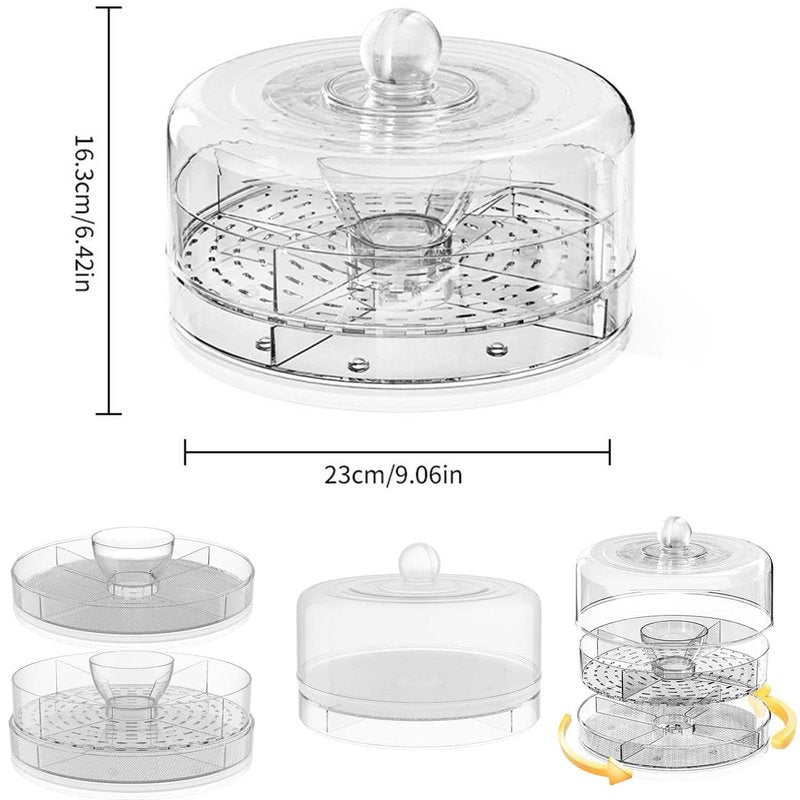 Spormmkuy 360°Rotatable Cake Stand with Dome Lid, 9in Cake Plates, Chilled Divided Veggie Fruit Serving Tray,Multi-Functional Snack Serving Platter with Cover,Lazy Susan Serving Tray
