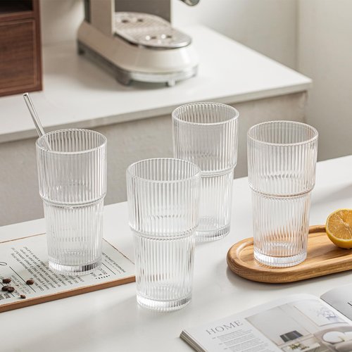 INSETLAN 20oz Ribbed Glass Tumbler Set of 4 – Large Capacity Drinking Glasses for Iced Coffee, Water, Juice, and Cocktails – Elegant Modern Glassware for Everyday Use and Special Occasions