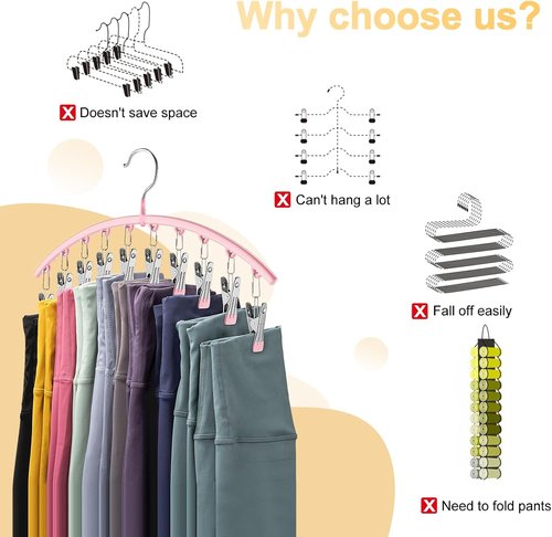Metal Yoga Pants Hangers - Space-Saving Closet Organizer with 10 Clips for 10 Leggings | Pink