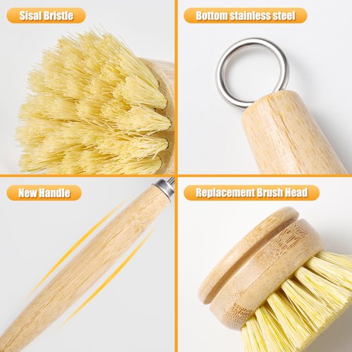 DEBETOOL Bamboo Pot Dish Brush,3 Pack Natural Wooden Scrub Brush with Sisal Fiber,Suitable for Dishes,Pans,Pot and Other Utensils-Sustainable,Kitchen Cleaning Brush with 2 Replacement Brush Heads