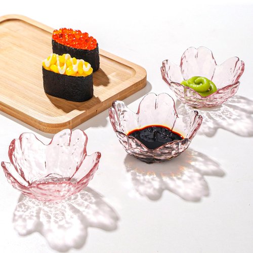 WHJY 8 pack Cute Sauce Dishes Glass Dish Set for Soy Sauce Snacks Tea Bag Mini Glass Bowls Clear Pink Cherry Blossom Soy Sauce Dishes