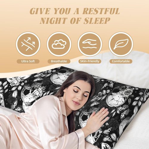 Black White Flower Sugar Skull Body Pillow Cover Pillowcase for Adults Women Men Long Body Pillow Case Cover with Zipper One Size