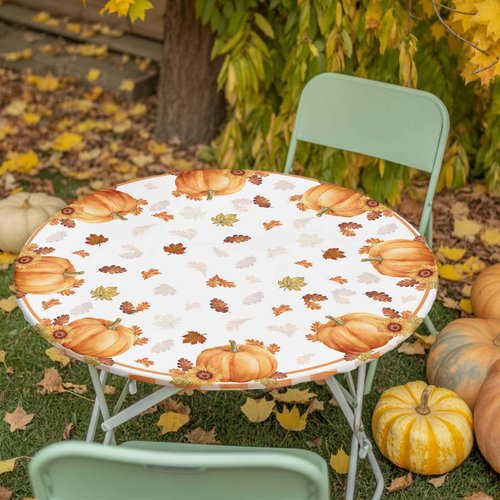 Fall Thanksgiving Pumpkin Kitchen Cover, Orange Buffalo Plaid Fitted Tablecloth for Round Tables, Waterproof with Elastic Edge, Autumn Maple Leaves White Circle Table Covers 36-44in