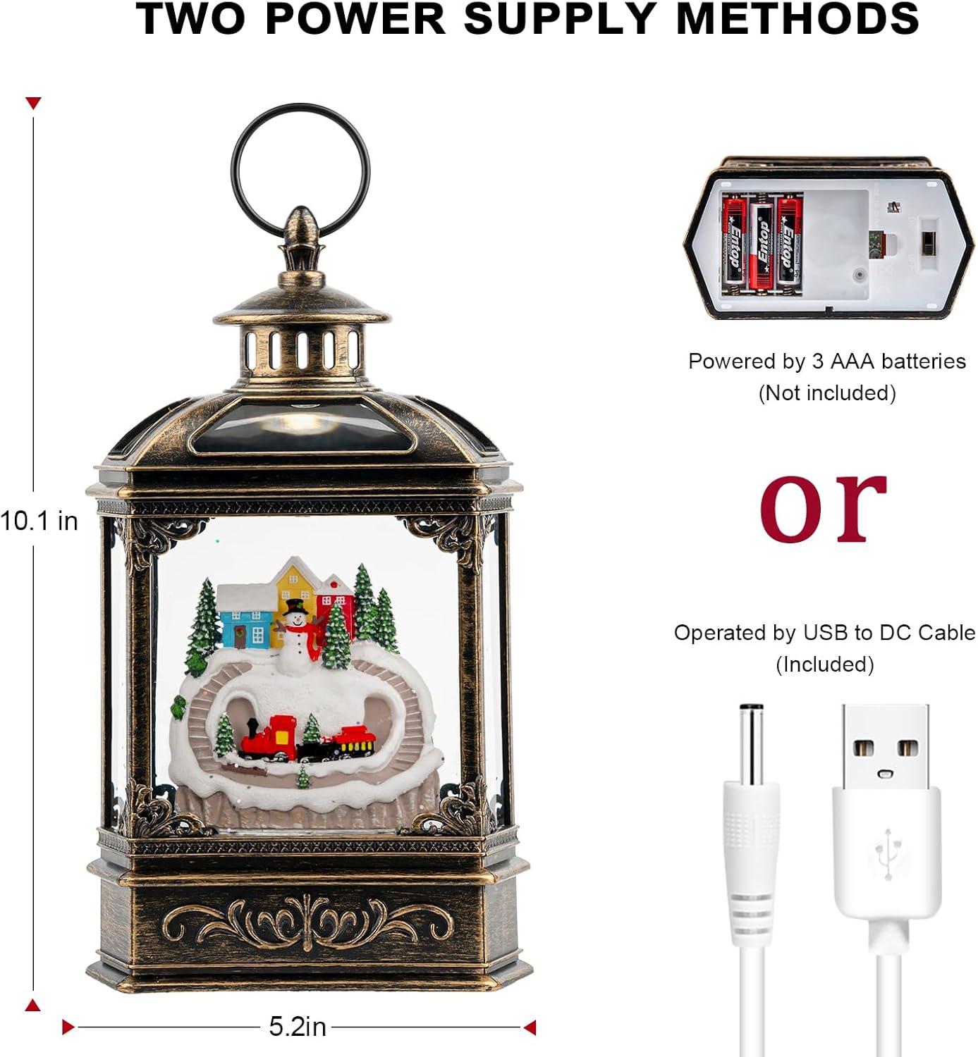 VISFLAIR Snow Globe Lantern - Musical Lighted Christmas Village with Snowman & Train | Battery Operated or USB Powered