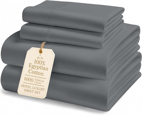 100% Egyptian Cotton King Sheet Set - Premium 1000 Thread Count, Naturally Cooling & Breathable, 15" Deep Pocket Fitted - Charcoal