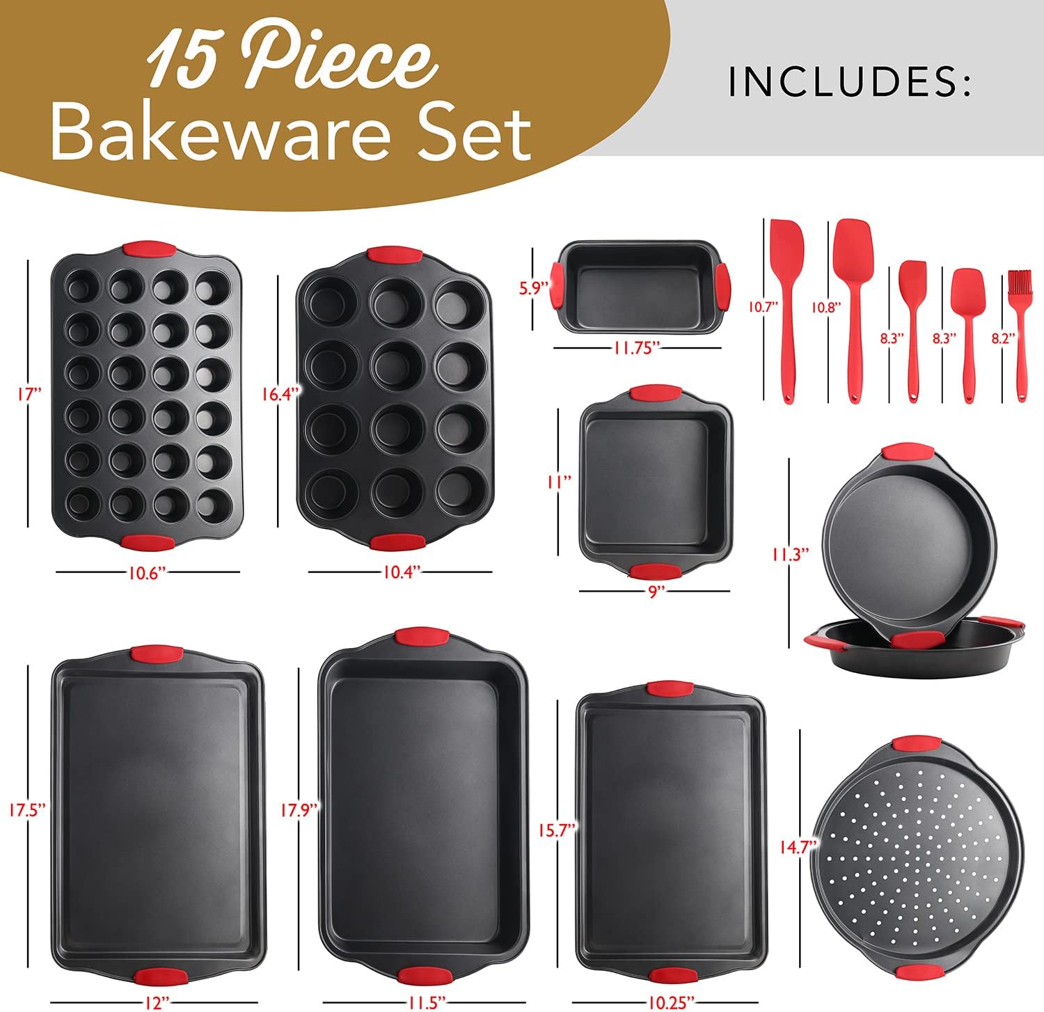 Skiennix 15-Piece Premium Baking Pan Set - Nonstick Bakeware, BPA-Free, Includes Muffin & Cake Pans | Black Kitchen Utensils