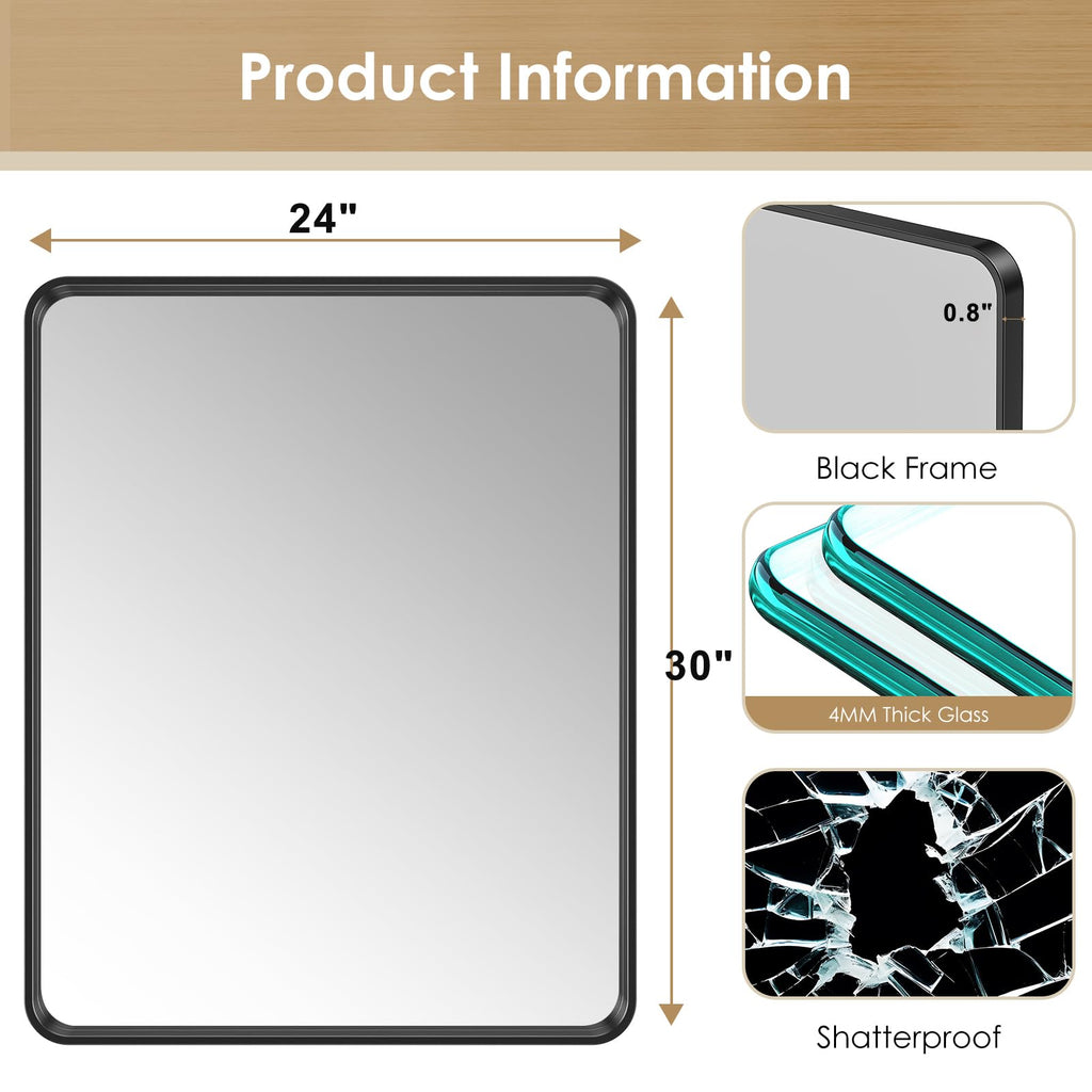 NexaVist 24"x30" Black Bathroom Mirror for Over Sink, Dresser, Rectangle Wall Mirror, Wall-Mounted Metal Framed Rectangular Mirror for Bathroom Vanity Restroom Entryway Hallway Bedroom Living Room
