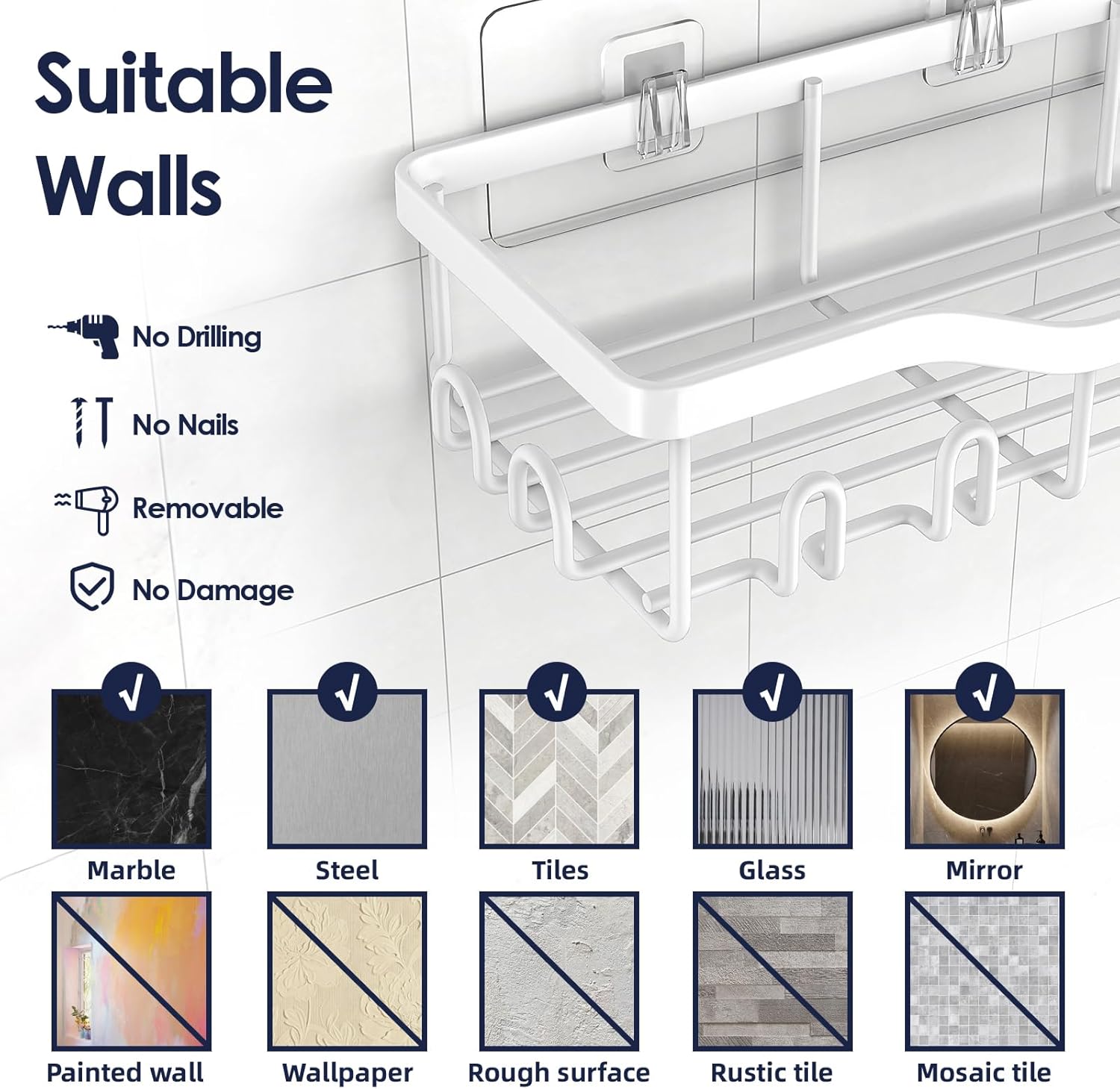 NESOMI Shower Caddy - Rustproof Stainless Steel Organizer with Large Capacity | 7-Pack No-Drill Storage Accessories