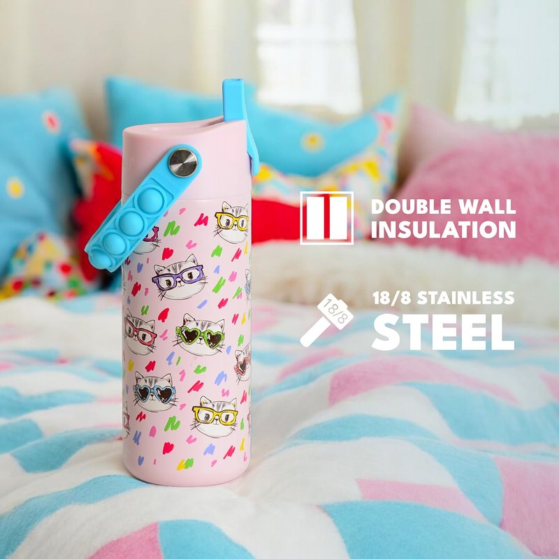 Elemental Insulated Kids Water Bottle, Stainless Steel Water Bottle with Straw Lid & Pop-It Handle, Leak-Proof Water Bottles for School, Boys or Girls, Travelling and Sports, 18oz - Stylish Cat