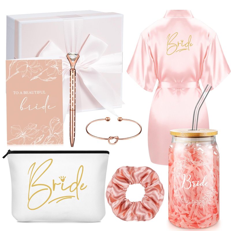 Irenare 8 Pcs Bride Gifts Set for Bridal Shower Bachelorette Party Robe Cup Makeup Bag Bracelet Scrunchies Card Pen Gift Box(Pink)