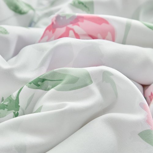 Flower Comforter Set with Sheet Set White Botanical Bed in a Bag Queen Size Light Pink Orange Floral Green Leaves Super Cute Soft Microfiber 7 Pieces Bedding Set with Pillowcases for Girls Women