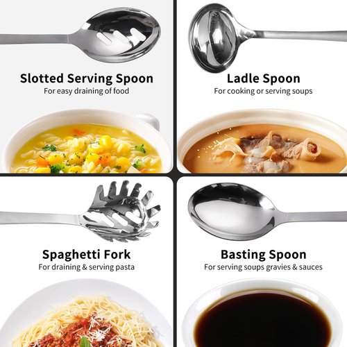 HIFIND 4PCS Cooking Utensils Set, Stainless Steel Kitchen Utensils Set, Durable Kitchenware Set for Cooking, Utensils Set with Slotted Serving Spoon, Spaghetti Fork, Ladle, Solid Serving Spoon