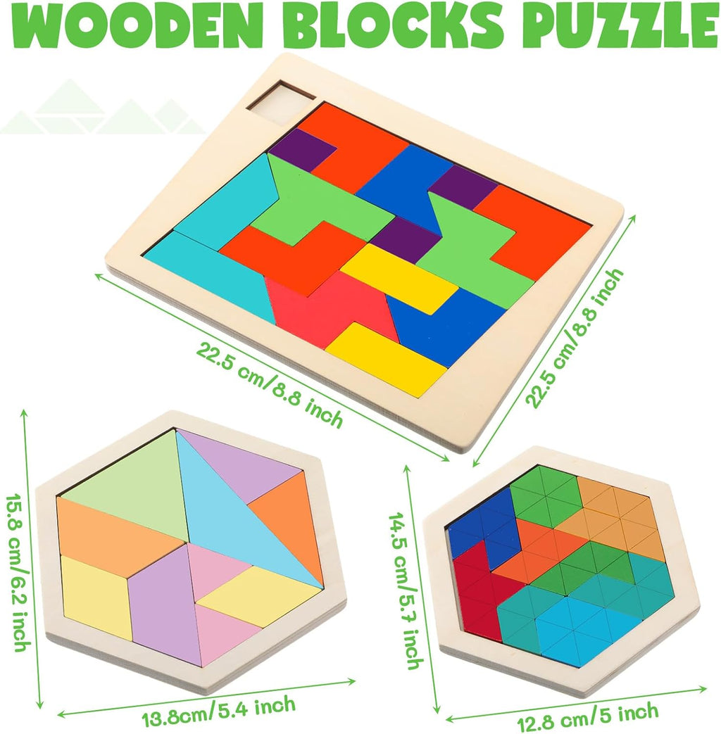 Yunsailing Large Hexagon Tangram Puzzle Set - 3 Wooden Brain Teasers for Adults | Classic Geometric Challenge