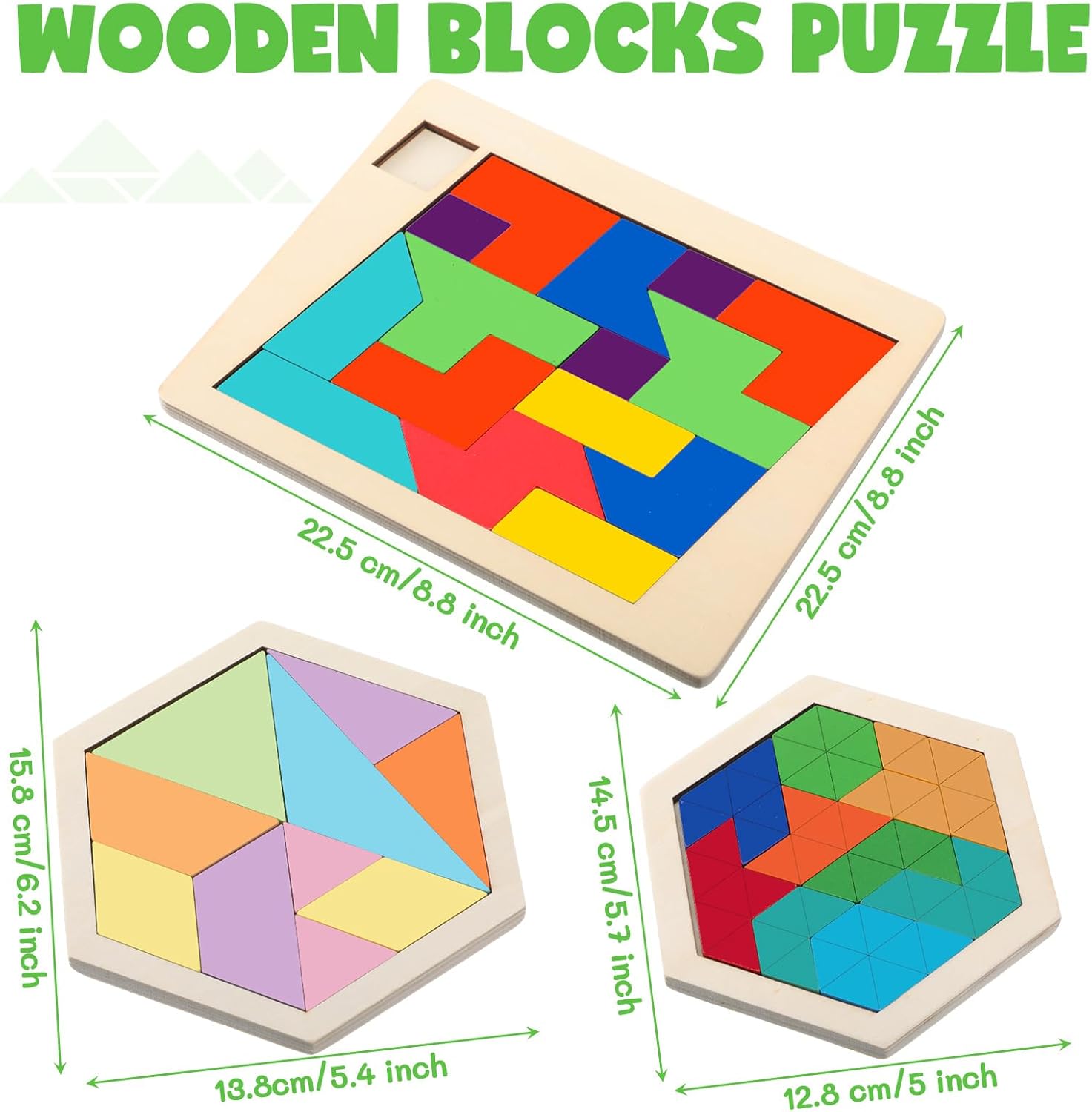 Yunsailing Large Hexagon Tangram Puzzle Set - 3 Wooden Brain Teasers for Adults | Classic Geometric Challenge
