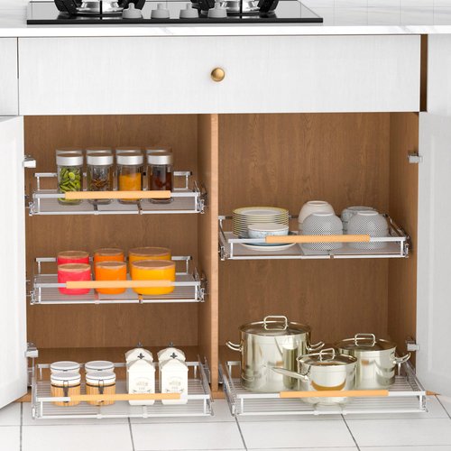 KIKIBRO Pull Out Drawer Cabinet Organizer, Expandable Slide Out Storage Shelves - Heavy Duty, Durable and Smooth Slide-Out, 12.3"~18.3" Wide x 22.5" Deep, 2 Pack