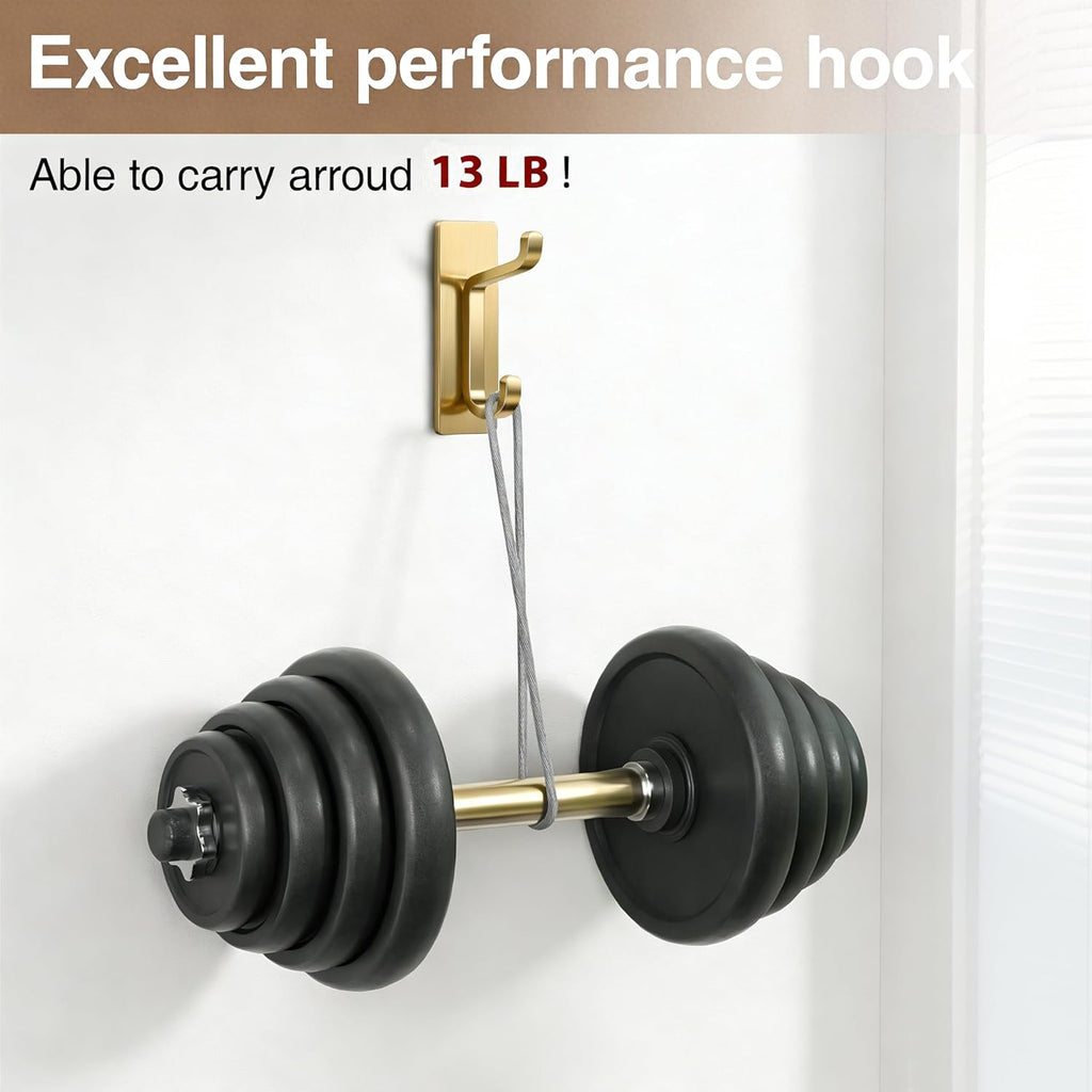 Pickpiff 12 Pack Wall Hooks - Strong 13LB Adhesive Coat & Towel Hangers in Brushed Gold