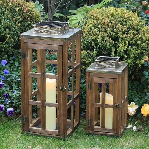 DECORKEY Rustic Wooden & Metal Lantern Set of 2 - 28''/20'' H Decorative Indoor/Outdoor Candle Holders