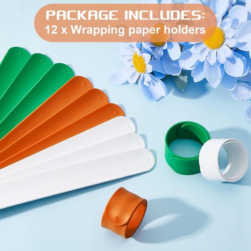 Charniol Wrapping Paper Roll Holder - 12-Piece Silicone Covered Metal Stabilizer | Organize Gift Paper (Green, Orange, White)