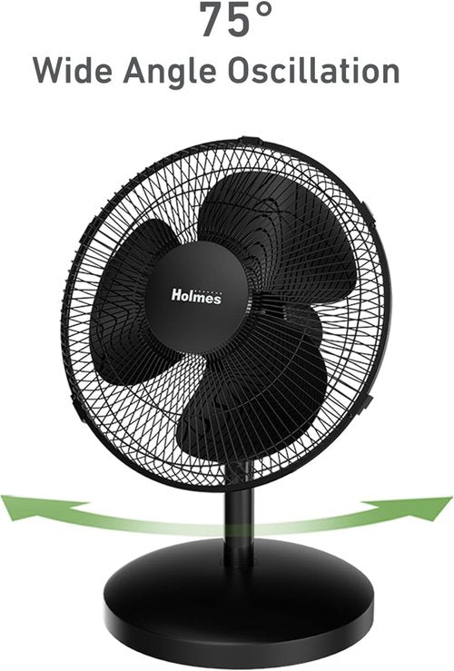 Holmes 12-Inch Oscillating Table Fan - 3 Speeds, 75° Wide Angle, Quiet Operation | Adjustable Tilt, Black