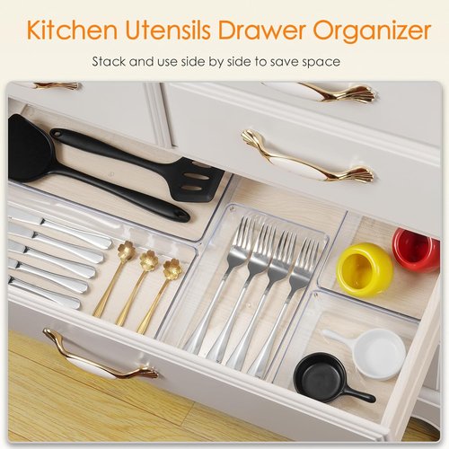 Criusia Drawer Organizer - 10 Pack Large Clear Plastic Storage Bins for Makeup & Kitchen Utensils | Versatile Trays