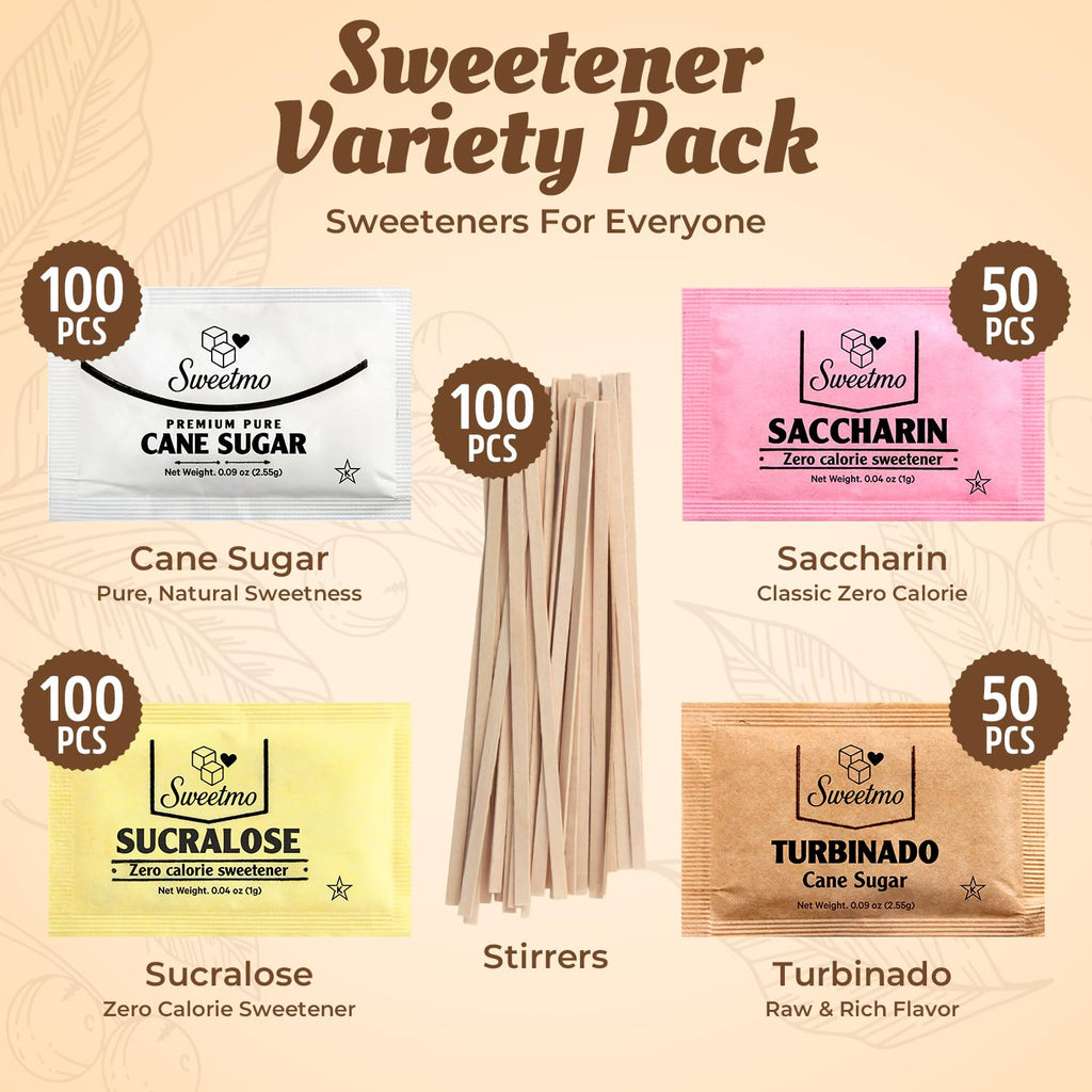 Sweetmo Sugar Packets Variety Pack - Sucralose, Raw, Cane Sugar & Stirrers - 400 Count for Coffee & Tea
