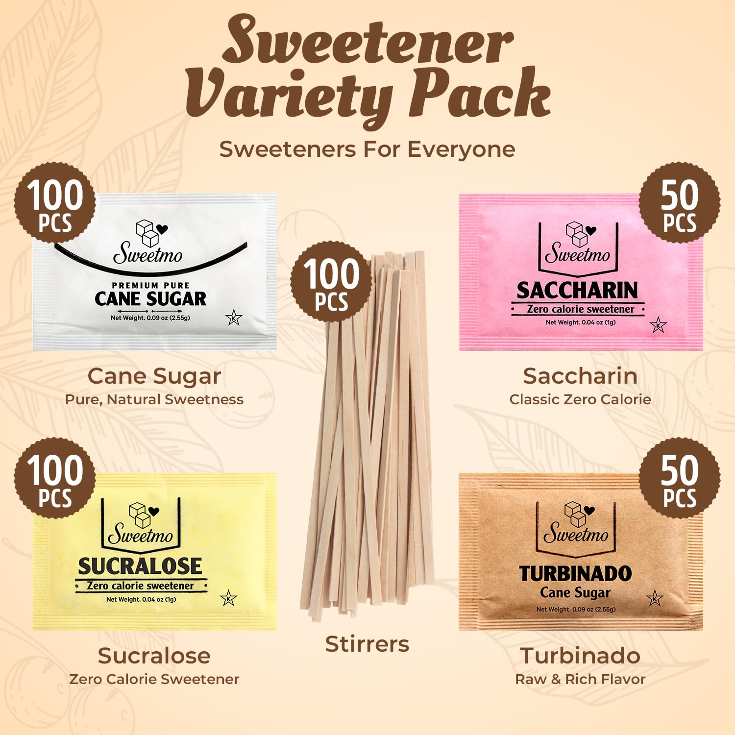 Sweetmo Sugar Packets Variety Pack - Sucralose, Raw, Cane Sugar & Stirrers - 400 Count for Coffee & Tea