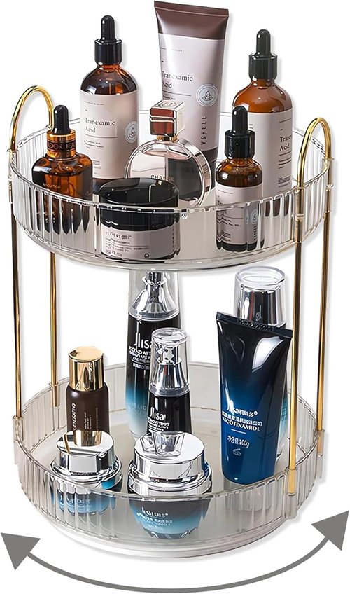 Asayuee 360° Rotating Makeup Organizer - Large Capacity 2-Tier Vanity Storage for Cosmetics & Skincare | Clear