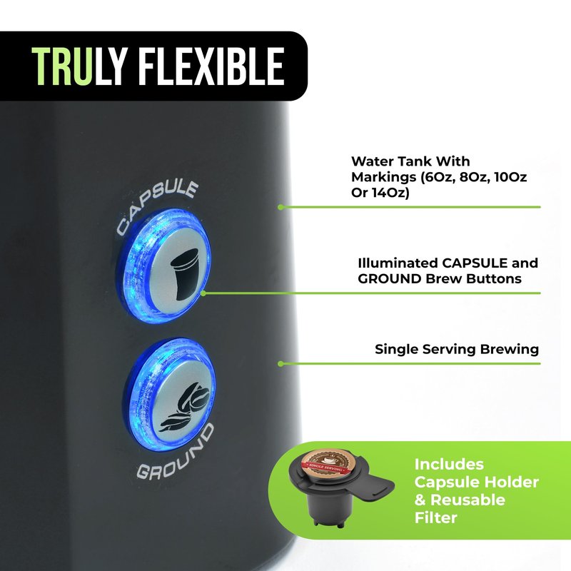 Tru Single Serve Dual Brew Coffee Maker - Premium Brewer for Coffee Capsules or Grounds - Features Self-Cleaning Function & Removable Drip Tray - Great Holiday or Birthday Gift