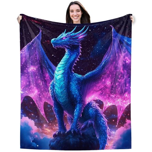 Dragon Throw Blanket for Adult Women Men,Gifts for Girls Boys Kids Teen,Lightweight Soft Cozy Flannel for Birthday Room Bed Sofa-(Blue Purple-Gragon, 80"x60" for Adult)