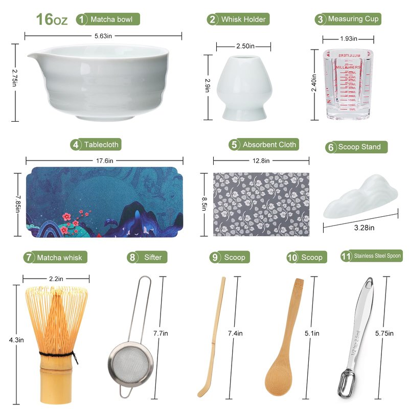 Matcha Whisk Set,11Pcs Matcha Set,Matcha Kit,Whisk Made from 100% Natural Bamboo, 11-component set for all your matcha-making needs,Contains stainless steel spoon, measuring cup(white)